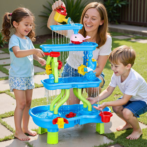 Keezi Sand & Water Table | 4-Tier | Kids Waterfall Sandpit Toy Set | Beach Shovel