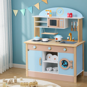 Wooden Pretend Kitchen Playset | Cooking Toys | Pot Pan Bowls Oven Dishwasher | 80CM Blue
