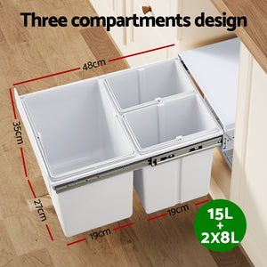 Cefito Pull-Out Bin | Kitchen Rubbish Slide Basket | Triple Slide | 31L | White