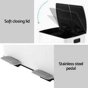 Dual Compartment Pedal Bin | 40L | Waste + Recycle | White