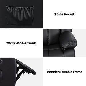 Artiss Manual Massage Recliner Chair for Living Room, Leather Sofa Lounge Reclining Chair with 2 USB Port, 160° Recline Reading Chair with 20CM Wide Armrests, 8 Point Vibration & Lumbar Heat, Black