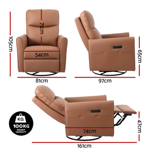 Swivel Recliner Chair | Rocking Leather | LED + Charging Ports | Brown