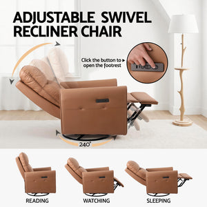 Swivel Recliner Chair | Rocking Leather | LED + Charging Ports | Brown