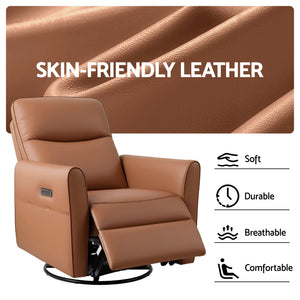 Swivel Recliner Chair | Rocking Leather | LED + Charging Ports | Brown
