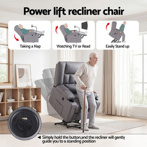 Power Lift Recliner Chair | Massage, Heat, USB & Cup Holders | Grey