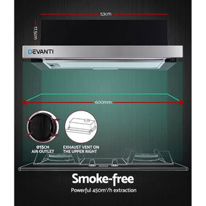 Devanti Rangehood Range Hood Stainless Steel Slide Out Kitchen Canopy 60cm 600mm Black