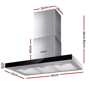 Devanti Range Hood 900mm Rangehood 90cm Stainless Steel Glass Kitchen Canopy Black