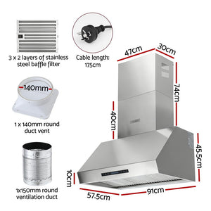 Rangehood | 900mm | 3-Speed Fan | LED Display | Remote