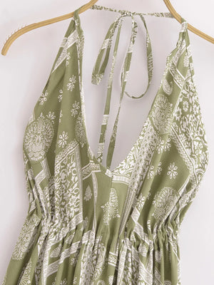 Bohemian Backless High-Low Maxi Dress | Floral Strapless Rayon Summer Holiday Dress with Tassels | Black, Sage, Orange, Aqua | S–L