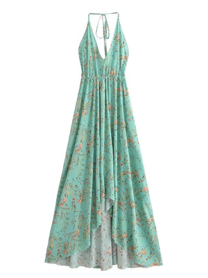 Bohemian Backless High-Low Maxi Dress | Floral Strapless Rayon Summer Holiday Dress with Tassels | Black, Sage, Orange, Aqua | S–L