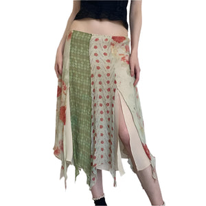 Bohemian Hippie Midi Skirt | Floral Chiffon Irregular Hem | A-Line Low Waist Vacation Skirt | S–M