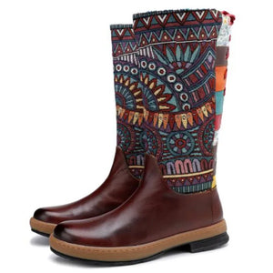 Retro Bohemian Women's Ankle Boots | Genuine Leather Flower Print | Comfortable Lace-Up Design | 3CM Square Heel