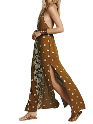 Bohemian Backless Halter Maxi Dress | Brown Embroidered Cotton Sleeveless Summer Dress | Stretch Tie-Back | S–L