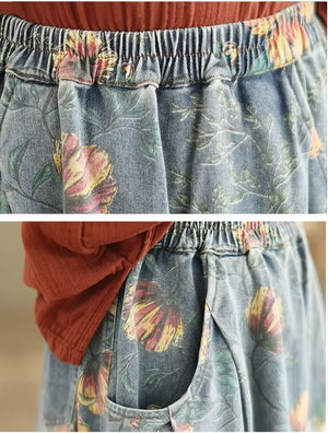 Women's Loose Demin Skirt With Floral Print | Free Size