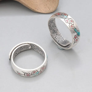 Hippie Styled Plum Flower Ring Made From 999 Pure Silver