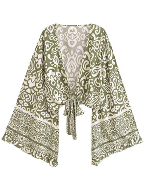 Bohemian Floral Kimono Cover-Up | Short Rayon Ruffle Sleeve Beach Wrap | Red & Aqua Green Prints | S–L