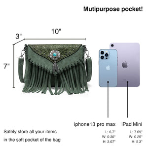 Sage Boho Festival Bag With Turquoise Center Stone & Tassels