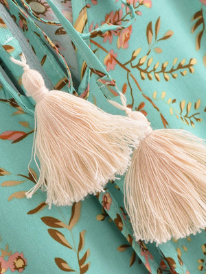 Bohemian Backless High-Low Maxi Dress | Floral Strapless Rayon Summer Holiday Dress with Tassels | Black, Sage, Orange, Aqua | S–L