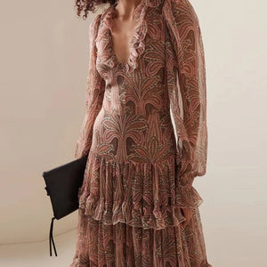 Bohemian Printed V - Neck Mesh Maxi Dress | Women's Ruffle High Waist Long Sleeve Dress | Elegant Floor - Length A - Line Sβ3XLdress