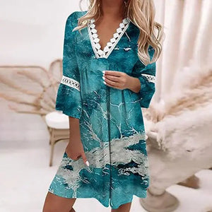 Women's Boho Lace Midi Dress | V - Neck Floral Vacation Dress with Flare Sleeves | Romantic Loose Fit | S–XXL