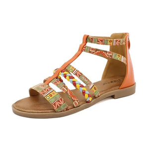 Women's Boho Beaded Sandals | Retro Rhinestone Flats with Zipper | Summer Shoes | Orange, Black & Blue | Sizes 35-42