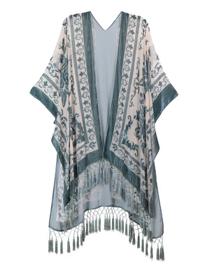 Bohemian Burnt Plush Velvet Kimono | Women's Long Floral Beach Cover - Up with Tassels | One Size | Various Colourstop