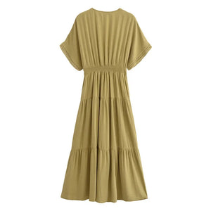 Bohemian Hippie Matcha Dress | V-Neck Cotton Blend A-Line Midi with Lace & Buttons | XS–L