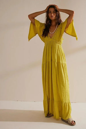 Boho Oversized Maxi Dress | Deep V-Neck Flowy Cotton Blend Long Dress | Flare Sleeve Beach Sundress | S-XL | Summer 2024