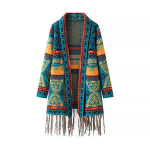 Bohemian Tassel Knit Kimono Cardigan | Indie Folk Hippie Style | Open Front Mid - Length Shawl