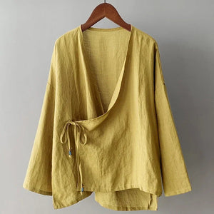 Women's Bohemian Cotton Linen Lace - Up Shirt | Hippie Long Sleeve Casual Blouse | Solid Colour V - Neck Top S–3XL