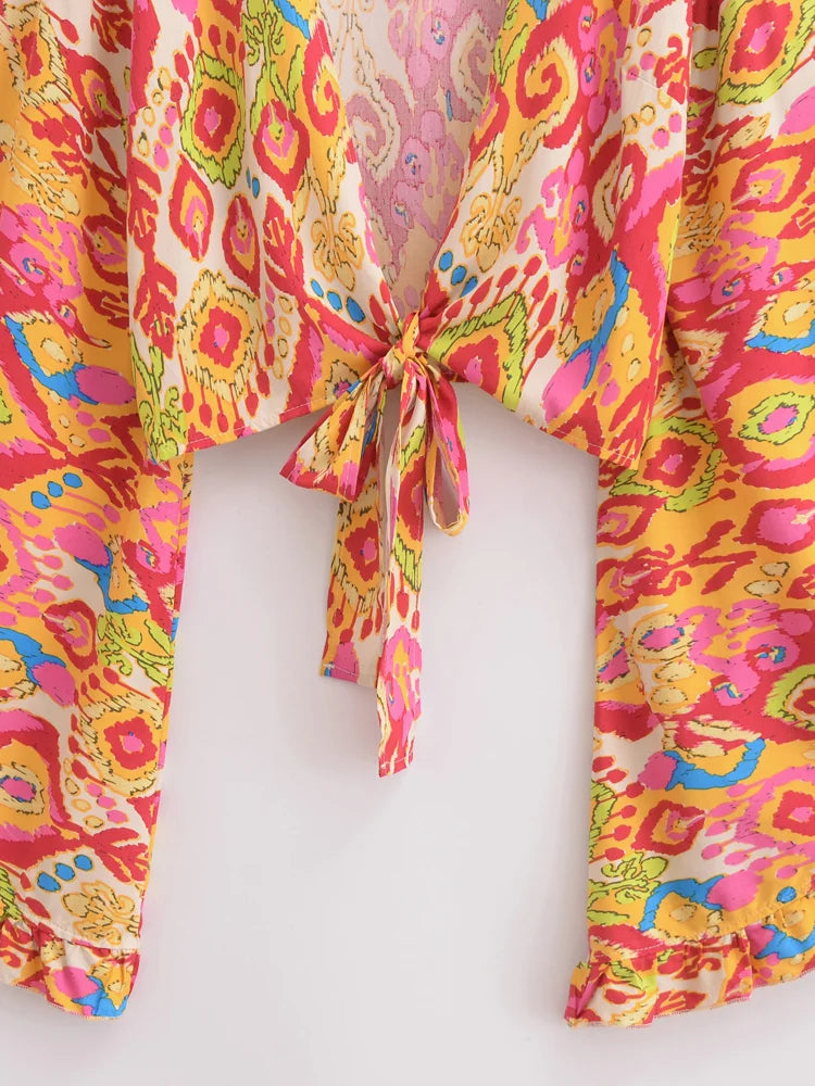 Hippie Floral Kimono Cover-Up | Short Rayon Beach Wrap with Flare Sleeves | Boho Bikini Cover | S–L