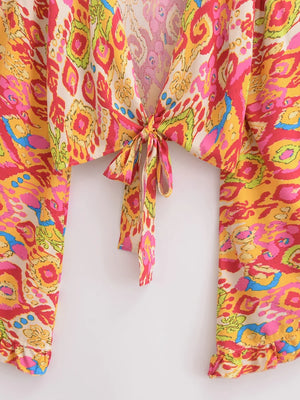 Hippie Floral Kimono Cover-Up | Short Rayon Beach Wrap with Flare Sleeves | Boho Bikini Cover | S–L