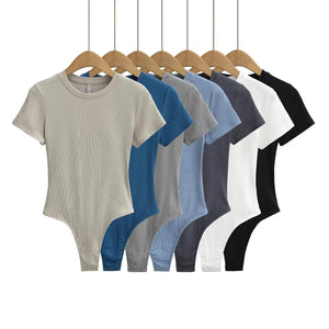 Bohemian Hippie Women's Summer Short Sleeve Knit Bodysuit | Stretchable Slim Fit | Casual Basic O - Neck Jumpsuit | S - L | 10+ Colourstop