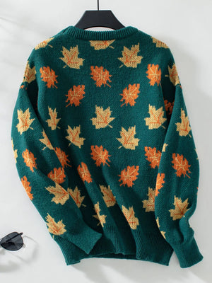 Women's Knitted Pullover Sweater With Maple Leaf Print | Sizes S-XL