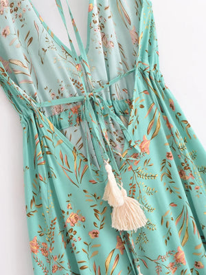 Bohemian Backless High-Low Maxi Dress | Floral Strapless Rayon Summer Holiday Dress with Tassels | Black, Sage, Orange, Aqua | S–L