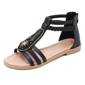 Women's Boho Summer Sandals | Flat Roman Beach Shoes | Apricot, Black & Blue | Sizes 35-42