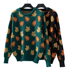 Women's Knitted Pullover Sweater With Maple Leaf Print | Sizes S-XL