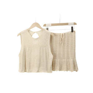 White Women's Hippie Hollowed Out Knitted Sleeveless Top And Skirt | Size S-L