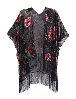 Bohemian Burnt Plush Velvet Kimono | Women's Long Floral Beach Cover - Up with Tassels | One Size | Various Colourstop
