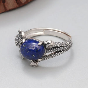 Silver Lotus Ring With Lapis Lazuli Stone | 925 Silver