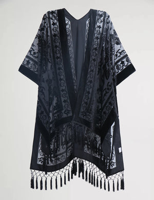 Bohemian Burnt Plush Velvet Kimono | Women's Long Floral Beach Cover - Up with Tassels | One Size | Various Colourstop