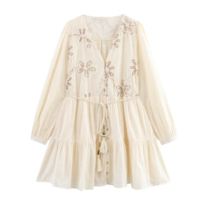 Women's Bohemian Embroidered Mini Dress | Vintage V - Neck Button Down A - Line Dress | Floral Lantern Sleeve | XS–L