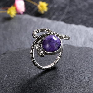 925 Silver Snake Finger Ring With 10*12MM Charoite Stone | Sizes 6-10