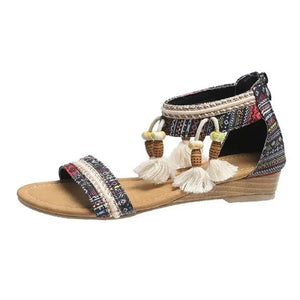 Boho Patchwork Sandals | Women's Tassel Fringe Ankle Wrap Wedges | Flat Heel | Black Or Brown | Sizes 36-42