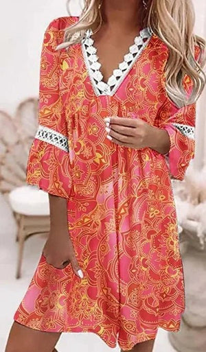 Women's Boho Lace Midi Dress | V - Neck Floral Vacation Dress with Flare Sleeves | Romantic Loose Fit | S–XXL