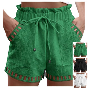 Women’s Cotton Linen Shorts With Hollow Out Trim | Sizes S-2XL | Various Colours