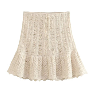 White Women's Hippie Hollowed Out Knitted Sleeveless Top And Skirt | Size S-L