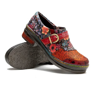 Women's Sheepskin Leather Flats | Ethnic Hippie Flower Design | 3cm Platform | Luxury Zip Shoes | Sizes 31-50