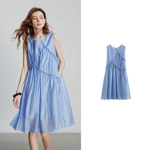 Women's Sleeveless O - Neck Office Midi Dress | Elegant Boho Lace - Up Summer A - Line Dress | Loose Fit Solid Color S–XL