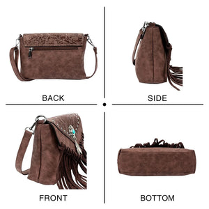Dark Brown Boho Festival Bag With Turquoise Center Stone & Tassels
